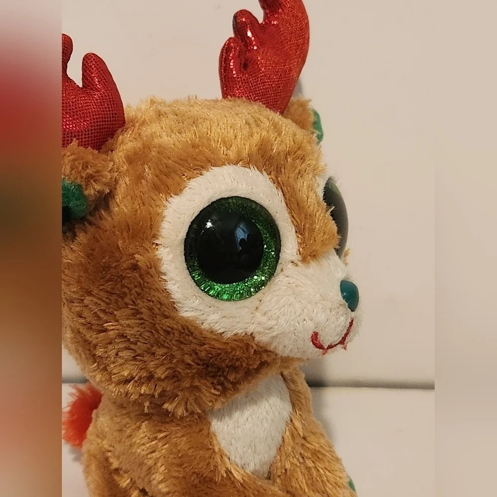 6” Ty Alpine Reindeer Plush Christmas Themed Red Antlers and Green Eyes